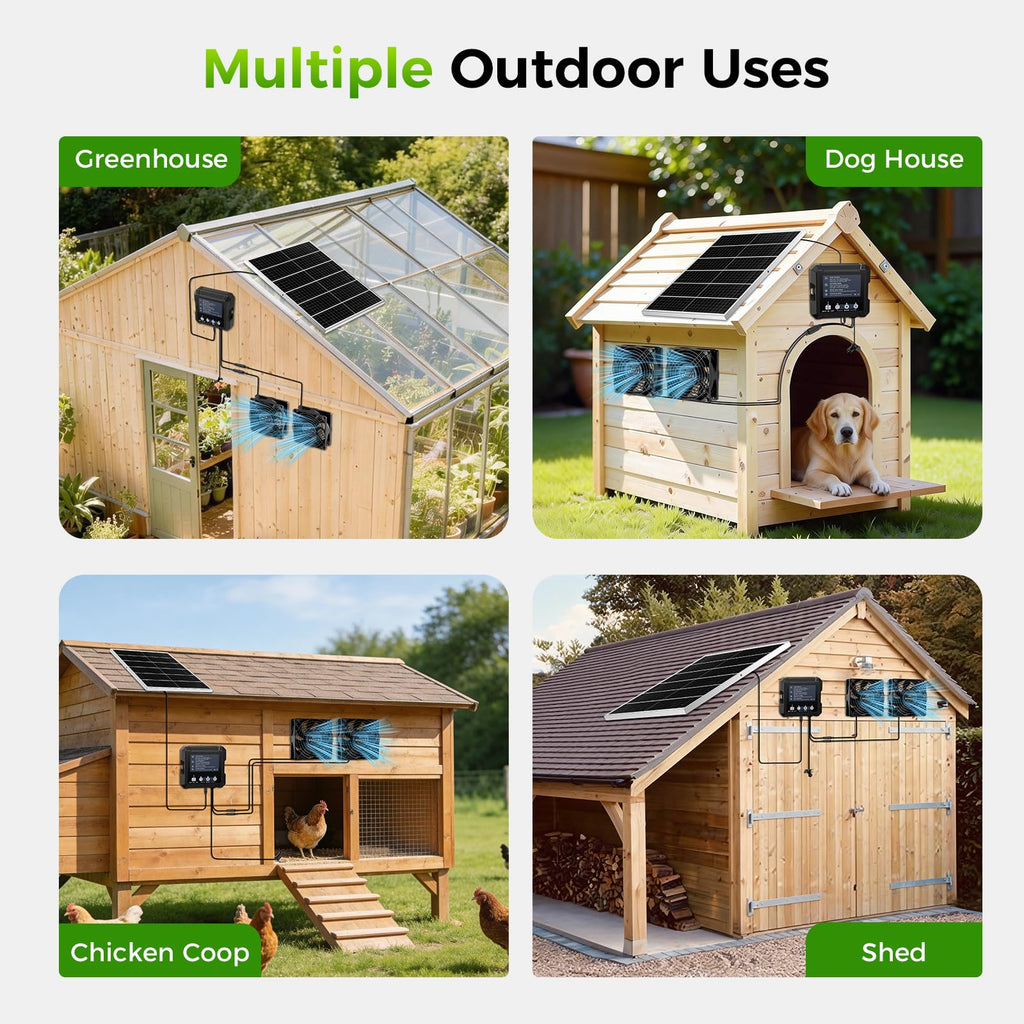 25W Smart Solar Fan for Chicken Coop, Solar Powered Fan for Dog Shed Garage