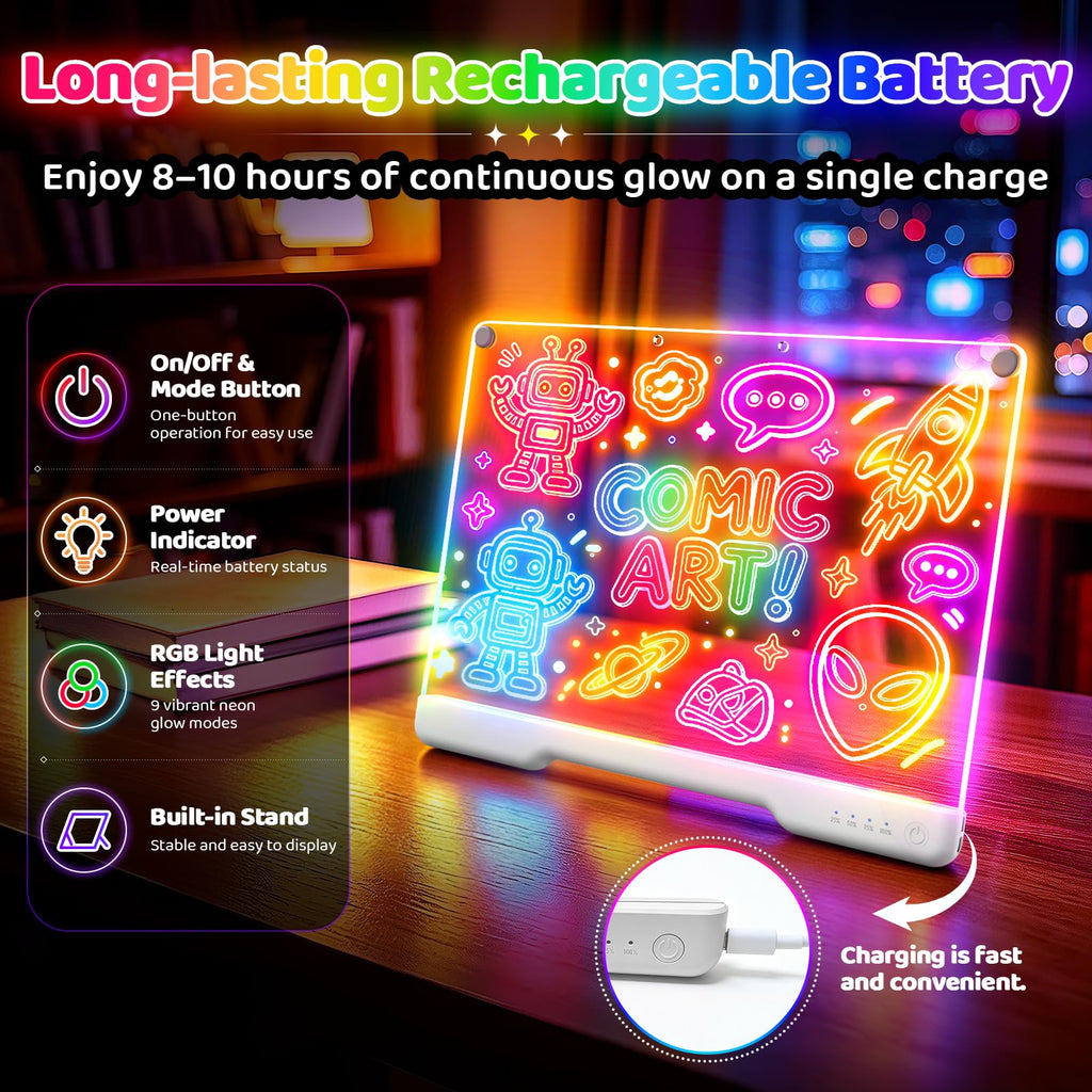 LED Drawing Board with 9 Light Effects, Rechargeable 16" Glow Doodle Note Message Board with Colors, Neon Light Up Drawing Pad Gift Ideas for Kids, Birthday, Christmas with Markers & Tracing Book