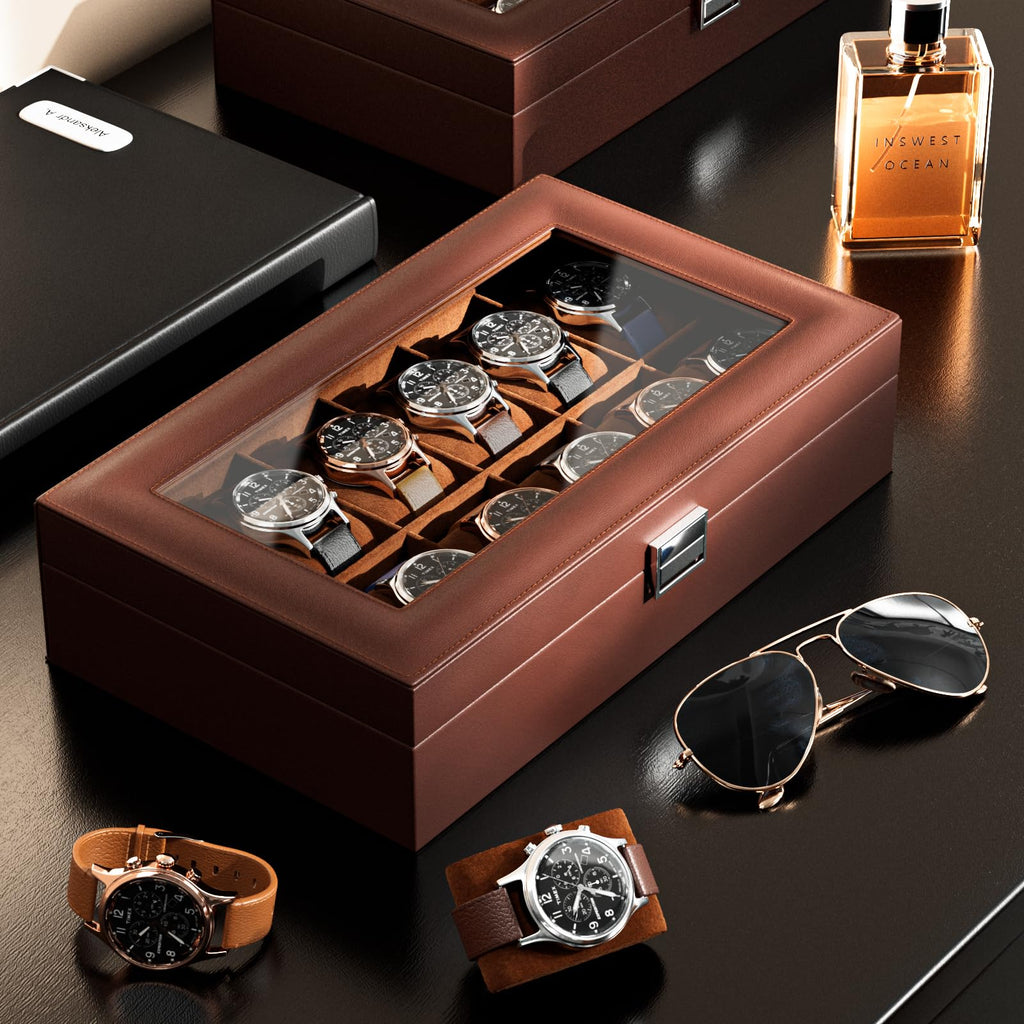 ProCase Watch Box Organizer, 12 Slot Watch Display Case, Brown