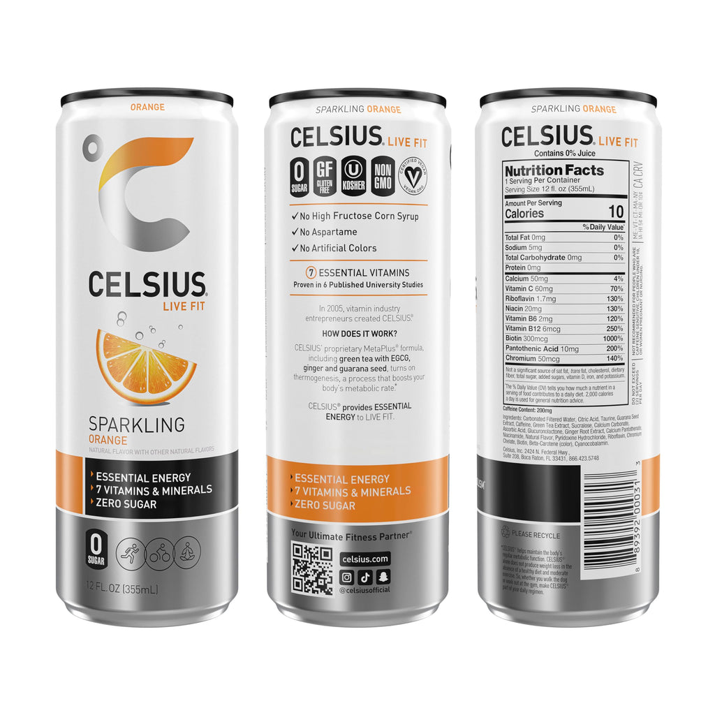 CELSIUS Sparkling Orange, Sugar Free Energy Drink, 12 Fl Oz (Pack of 12)