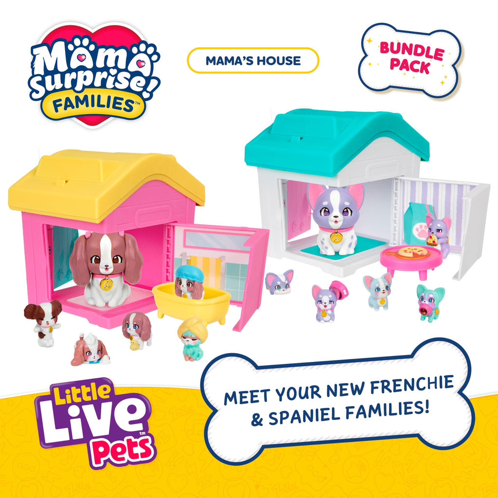 Little Live Pets Dog House Playset Bundle, Mama Surprise Families Frenchie and Spaniel Collection, Interactive Fold-Out Dog Playset Toy for Kids 5+