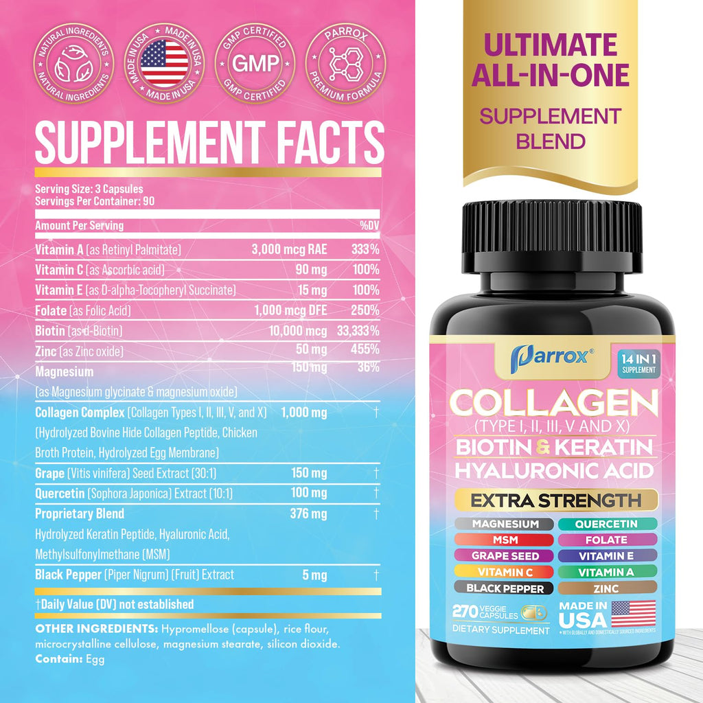 Parrox Collagen Peptides Types I, II, III, V & X, MCG Biotin, Keratin, Hyaluronic Acid, MSM, Zinc, Grape Seed Extract, Quercetin, Vitamin A, Vitamin C, Vitamin E, Magnesium, Folic Acid (270 Capsules)