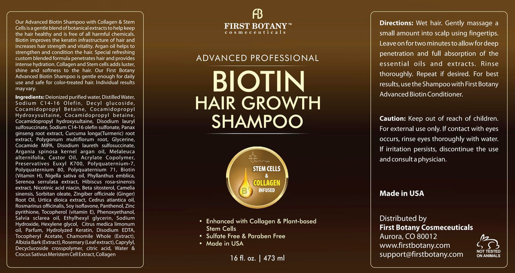 First Botany, Biotin Hair Growth Shampoo Conditioner Anti Hair Loss Thickening formula Collagen & Stem Cell For Hair Regrowth Anti Thinning Sulfate Free For Men Women Anti Dandruff Treatment 16 oz x2