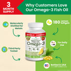 Triple Strength Omega 3 Fish Oil Supplements 2400mg | 180 Capsules, Burpless High Potency Lemon Flavor, High EPA DHA for Men & Women Ultra Pure Softgels | Joint Support, Eyes, Heart Brain Health Pills