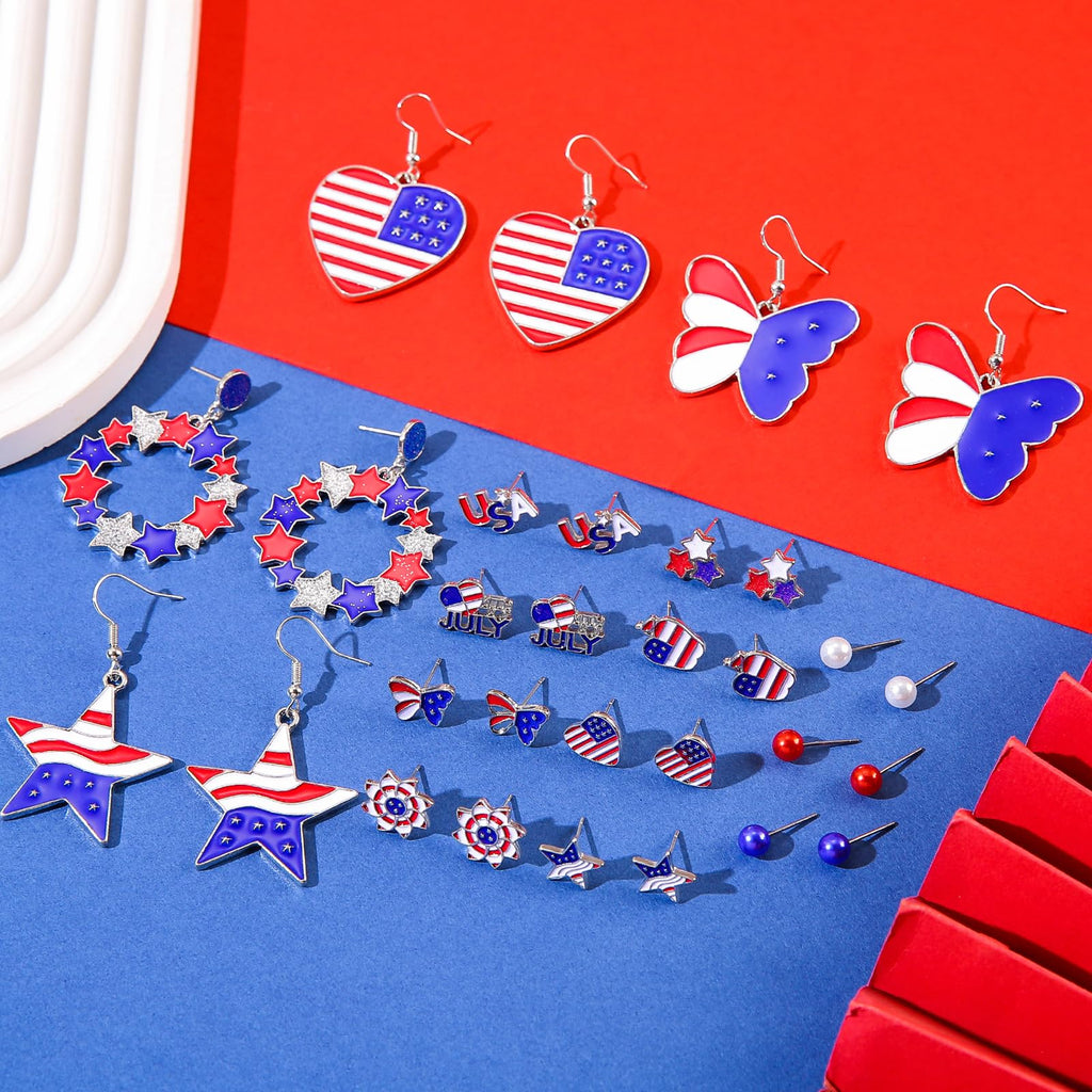 30 Pieces 4th of July Earring Stud Patriotic Earrings Set for Women Enamel Heart Star Butterfly USA Flag Earring Hypoallergenic Independence Day Earrings Jewelry Accessories(15 pairs Fourth of July)