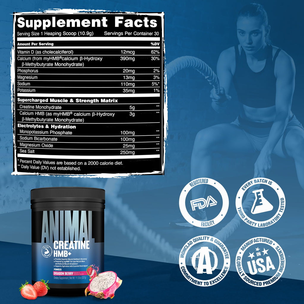 Animal Creatine HMB Powder – 3g myHMB + 5g Creatine with Electrolytes for Recovery & Daily Energy – Dragon Berry Flavor, 30 Servings