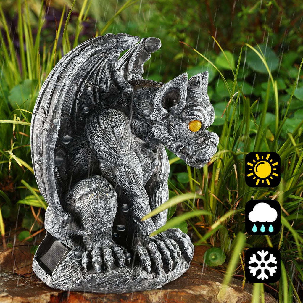 MIBUNG Large Winged Gargoyle Statue with Solar Lights Outdoor Decor, Sitting Gargoyle Monster Dragon Garden Guardian Gothic Creep Scary Sculpture, Patio Yard Lawn Decorations, Valentine's Day Gift