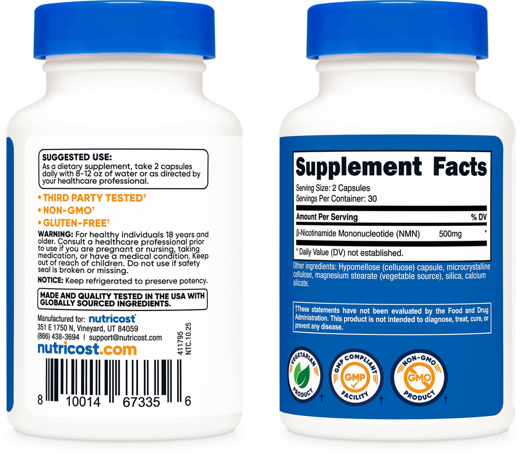 Nutricost NMN (Nicotinamide Mononucleotide) 500mg, 60 Capsules - Vegetarian Friendly, 30 Servings, Gluten Free, GMO Free