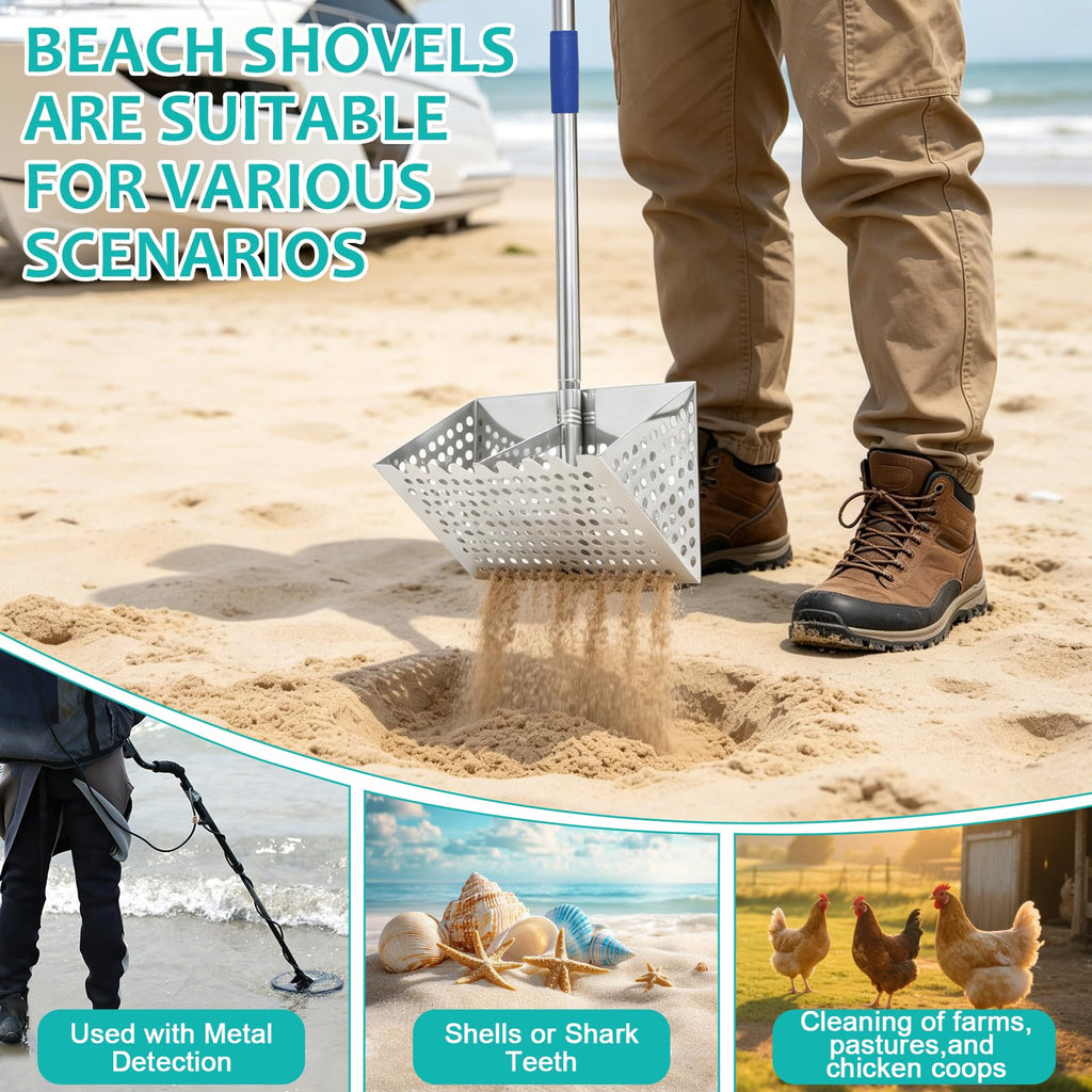 Sand Flea Rake, 65 Inches Long Handle, Stainless Steel Shark Tooth Sifter