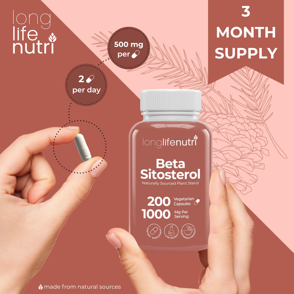 LongLifeNutri Beta Sitosterol 1000mg - Phytosterols Supplement, 200 Vegetarian Capsules, Plant Sterols for Daily Wellness & Dietary Balance, 100-Day Supply, GMP Certified, Made in USA