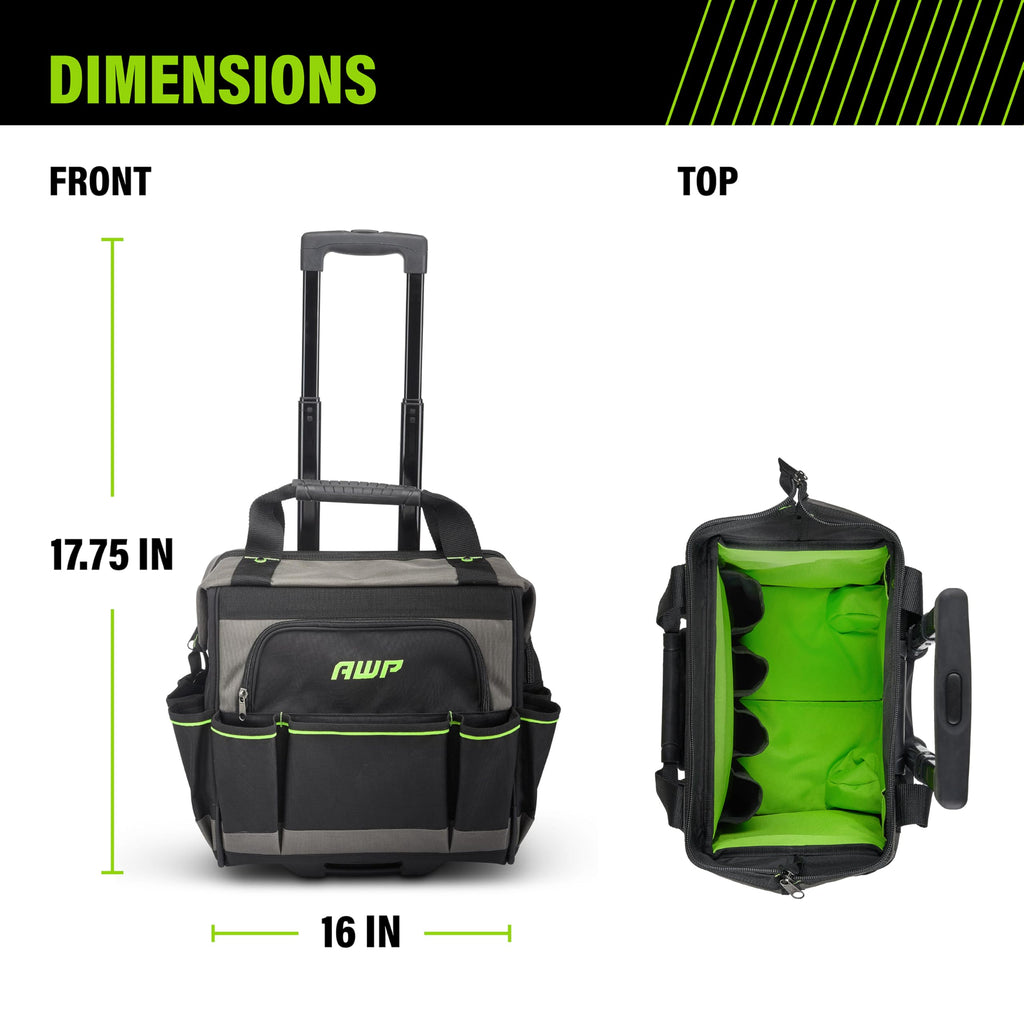 AWP Rolling Tool Bag Durable Tool Tote Water-Resistant Organizer for Professionals and Contractors, Adjustable Handle for Travel, Black | L-22814