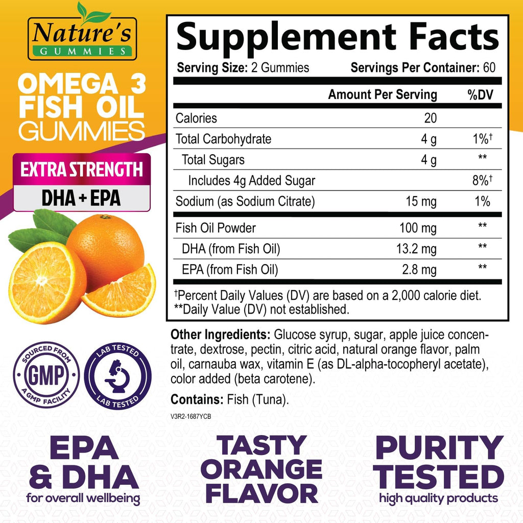 Omega 3 Fish Oil Gummies, Heart Healthy Omega 3 Gummy Supplement with High Absorption DHA & EPA, Extra Strength Joint & Brain Support, Delicious Orange Flavor Fish Oil Nature's Vitamin - 120 Gummies