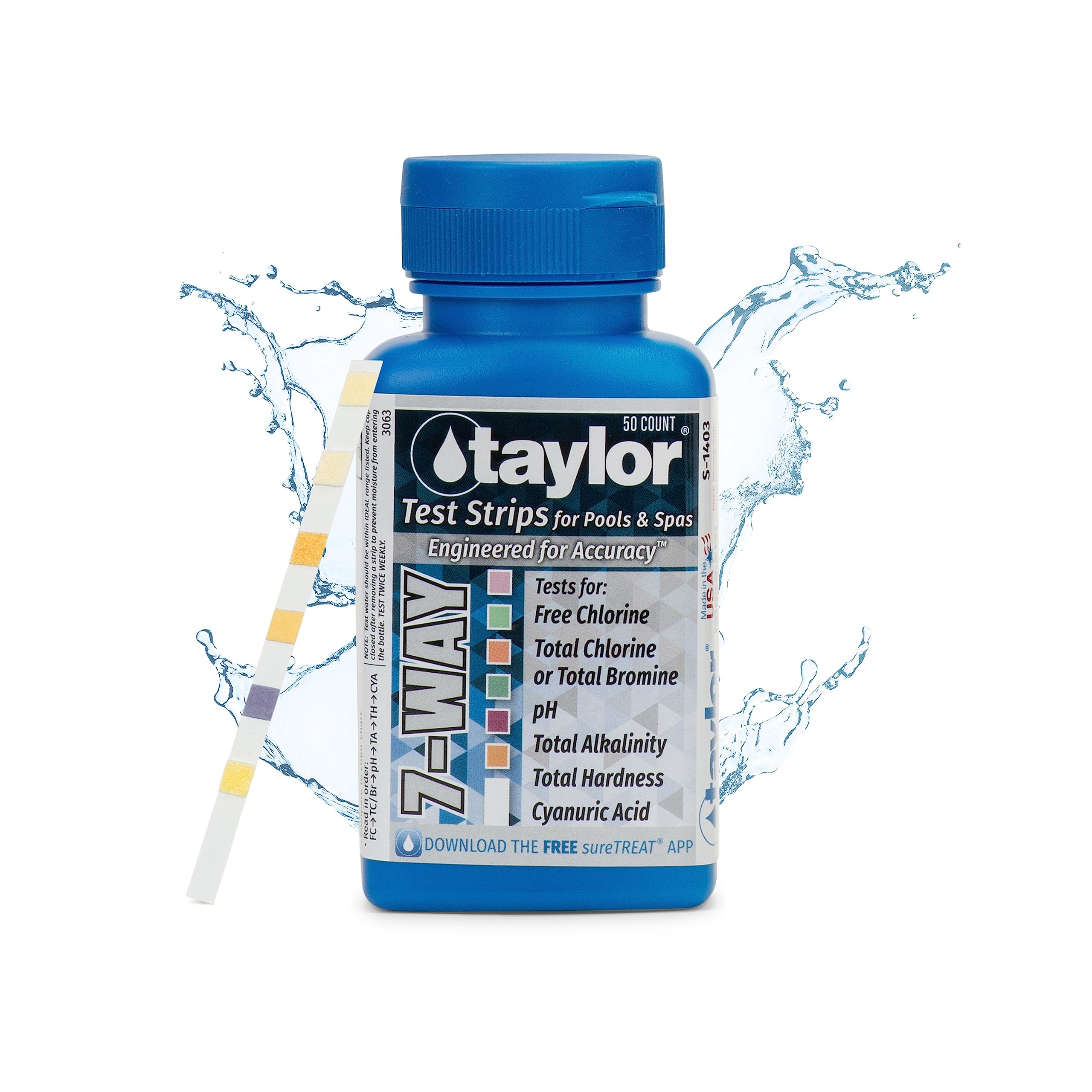 Taylor Technologies S-1403, 7-in-1 Pool and Spa Test Strips for Free & Total Chlorine, Total Bromine, pH, Total Alkalinity, Total Hardness & Cyanuric Acid, 50 Test Strips | Made in the USA
