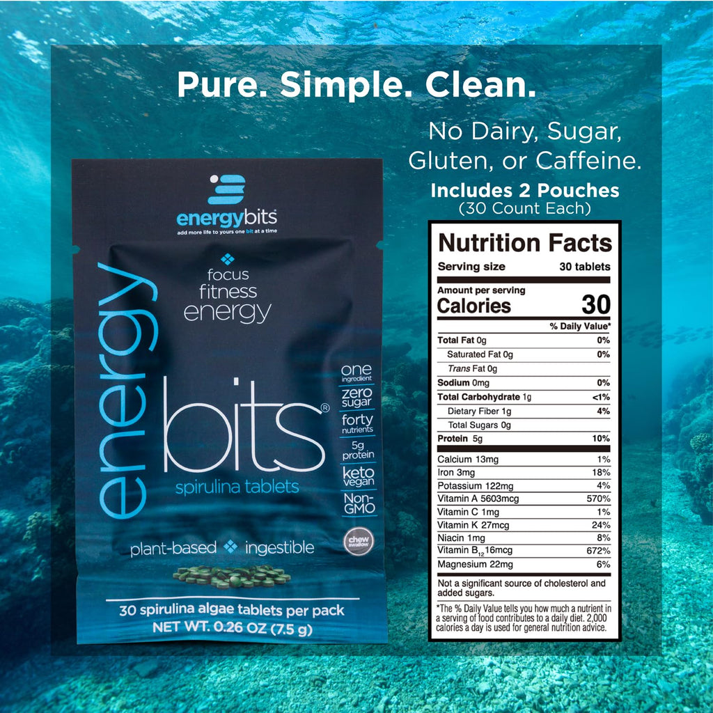 ENERGYbits/RECOVERYbits - Organic Spirulina & Chlorella Tablets - Single Serving Sample Packs - Algae Superfood - High Protein, Chlorophyll - Self Care - Vegan, Keto, Gluten Free - 4 Bags, 30/Bag