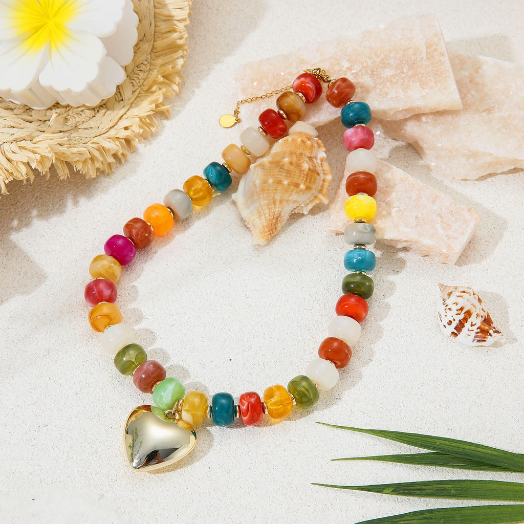 Lmzpjzml Chunky Colorful Beaded Necklaces for Women Big Bead Boho Choker Necklace Trendy Heart Statement Necklace Summer Beach Jewelry