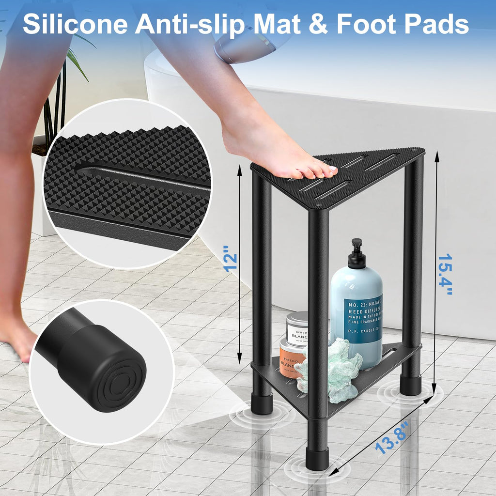 LarFaFa Stainless Steel Black Shower Stool for Inside Shower, 15.4'' H Shower Foot Rest, Corner Shower Stool with Storage Shelf, Shower Step for Shaving Legs, Bathroom Corner Shower Bench