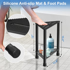LarFaFa Stainless Steel Black Shower Stool for Inside Shower, 15.4'' H Shower Foot Rest, Corner Shower Stool with Storage Shelf, Shower Step for Shaving Legs, Bathroom Corner Shower Bench