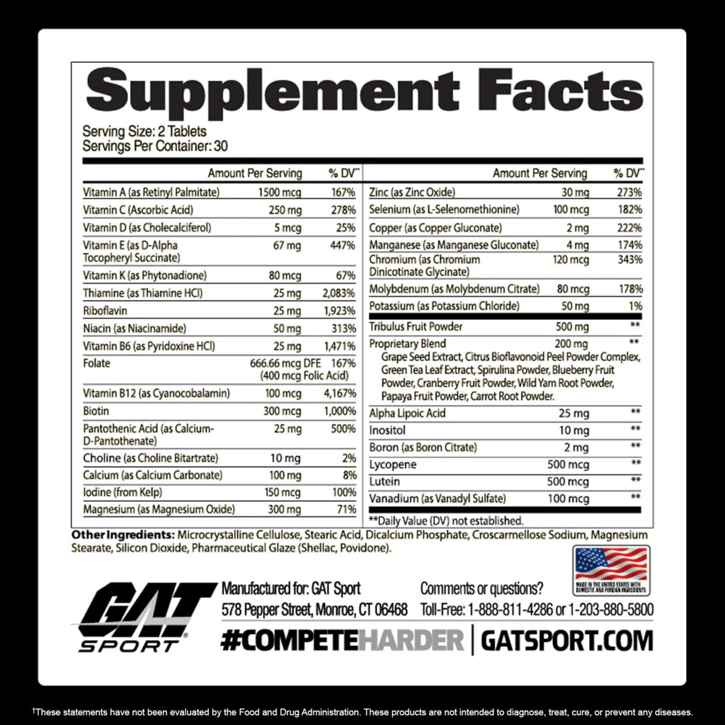 GAT SPORT Men's Multi + Test, Premium Multivitamin Tablets (60 Count)