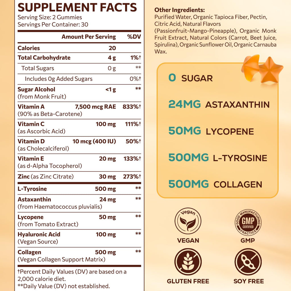 Tanning Gummies with Astaxanthin for Women and Men | Sunless Tanning Supplement with Beta Carotene, Lycopene, Collagen & Vitamins | Skin Radiance & Hydration | Vegan & Sugar Free - 120 Count