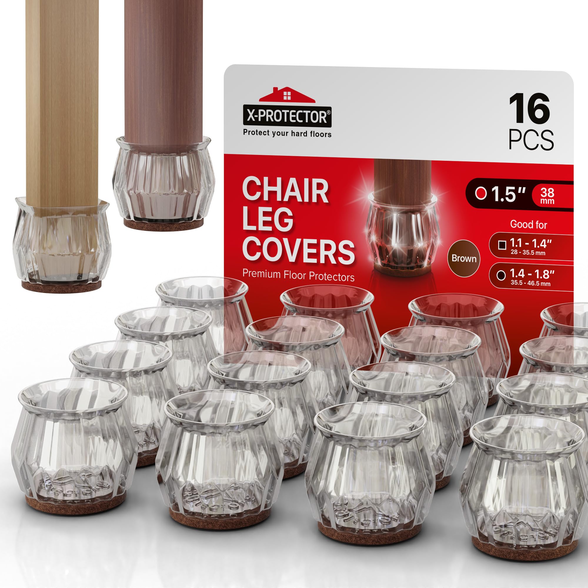 16 PCS Chair Leg Floor Protectors with Felt Pads X-Protector - 1.4" - 1.8" - Furniture Pads for Hardwood Floors - Clear Chair Pads - Floor Protectors for Chairs - Brown Chair Leg Covers!