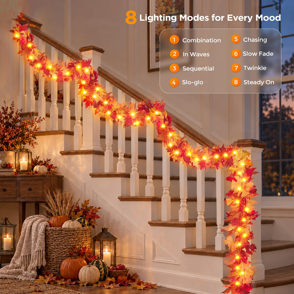Fall Decorations for Home 9 FT Pre-lit Fall Garland with 50 LED Orange Lights, Auto Timer, 8 Lighting Modes, Waterproof Battery Operated Maple Leaf Garland for Fall Halloween Thanksgiving Decorarions