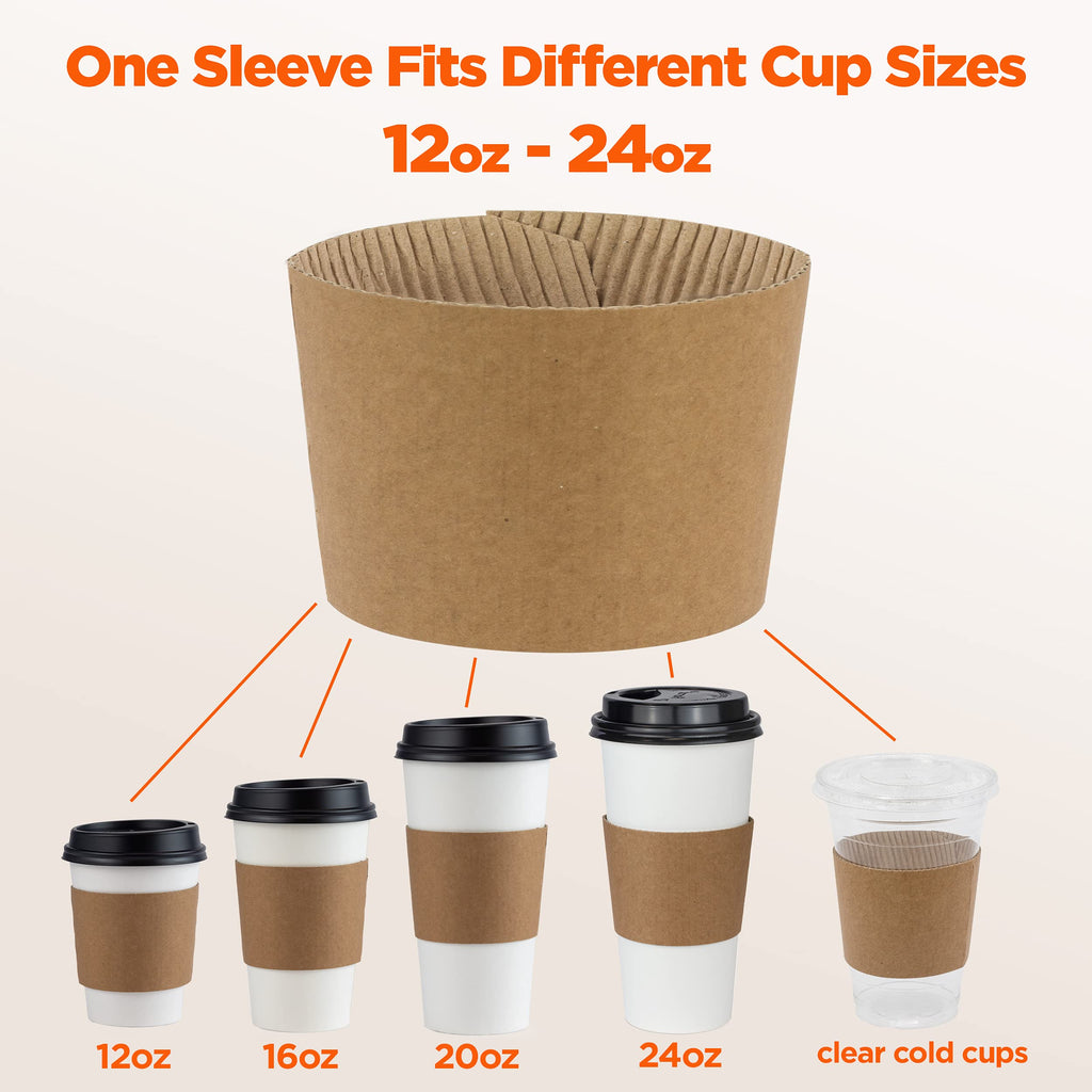 FMP Brands 500 Pack Kraft Coffee Cups Sleeves Disposable Bulks, Durable Corrugated Cardboard Cup Sleeves for 12-24 oz Cups, Beverage Insulator and Hand Protection for Hot/Cold Drinks