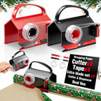 2 Pack Wrapping Paper Cutter & Tape Dispenser Dual Use, Gift Wrap Cutter Tool for Rolls Paper with 4 Tapes & 2 Replace Blades Kit for Christmas Birthday, Easy Cut for Present Wrapping