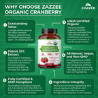 Zazzee USDA Organic Cranberry 25:1 Extract, 500 mg per Capsule, 60 Vegan Capsules, 2 Month Supply, Certified Kosher, Standardized, Concentrated 25X Extract, 100% Vegetarian, Non-GMO, Made in The USA