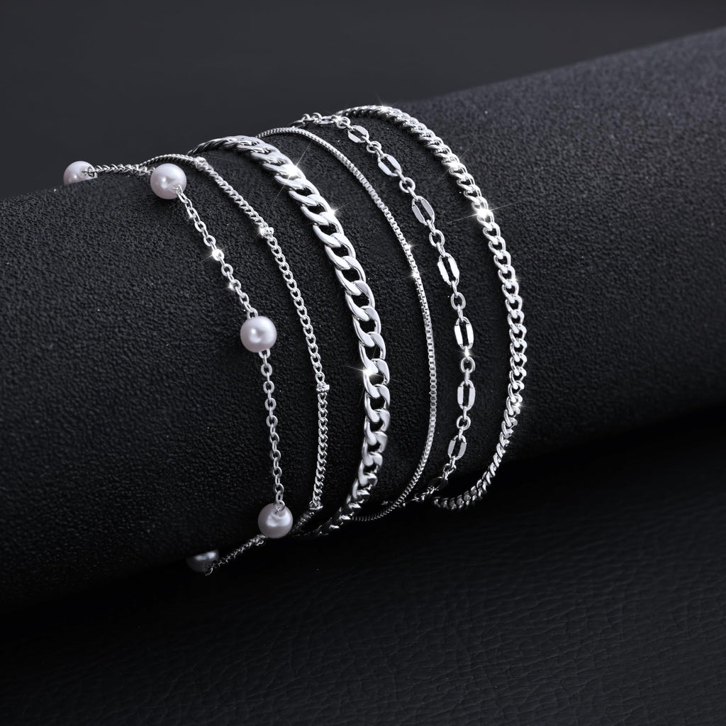 MBW Silver Bracelets for Women Trendy, Dainty 14K Silver Plated Cuban Link Chain Pearl Bracelet Silver Stackable Bracelet Stack Waterproof Tiny Cute Bracelet Set Layering Bracelet Minimalist Jewelry