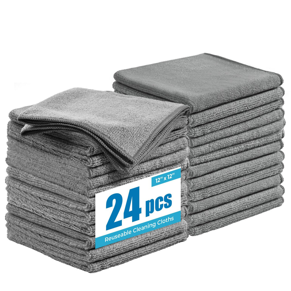 Tekswip Microfiber Cleaning Cloth 12"X12" 24 Pack Grey Lint Free Microfiber Towels for Cars-Extra Thick, Streak-Free, Fast Absorbent - Reusable Multi-Purpose Housekeeping Rags for Cars