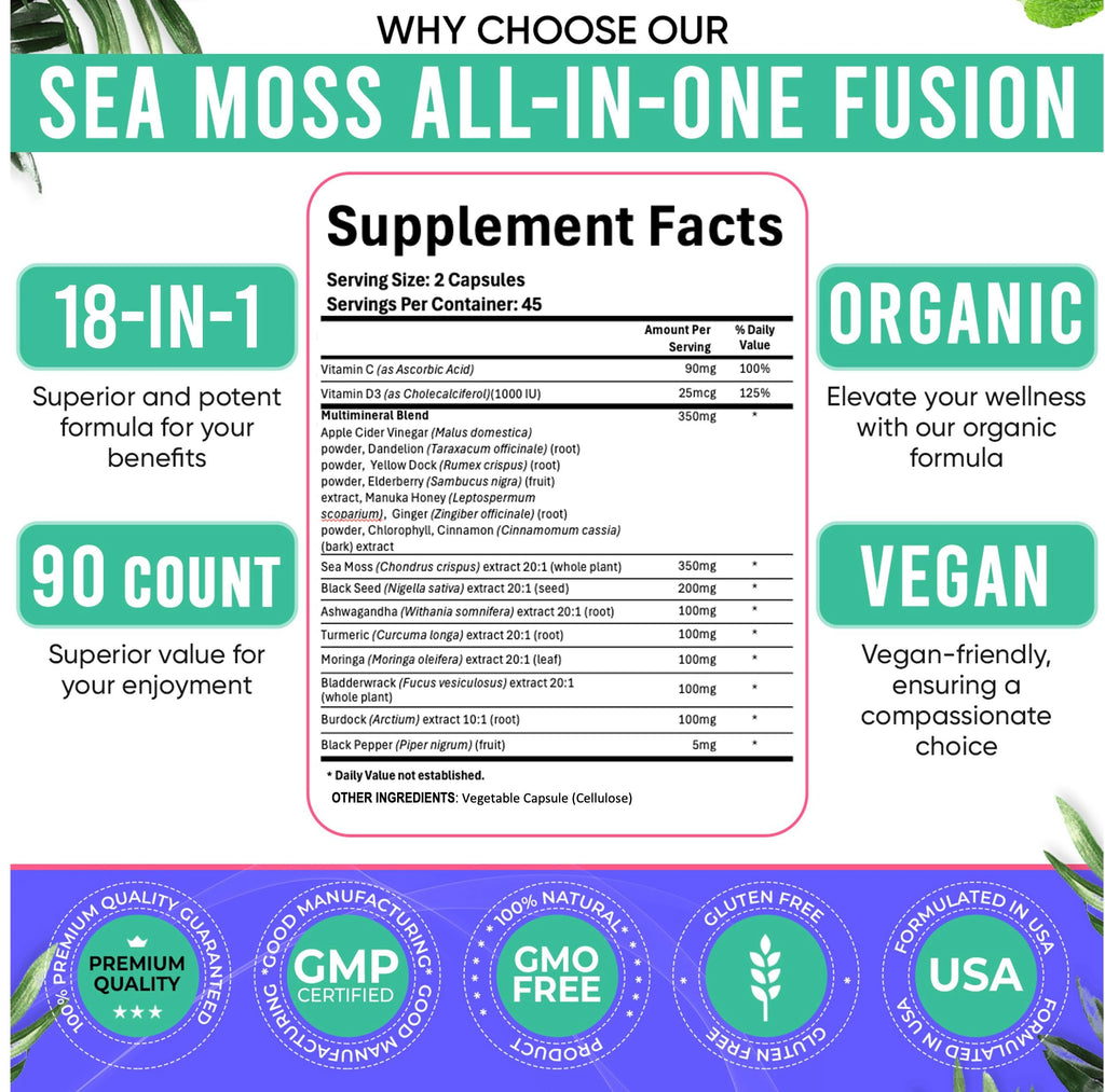 Adndale Sea Moss Black Seed Oil Ashwagandha Ginger Capsules. SeaMoss Capsules with Black Seed Oil, Ashwagandha, Turmeric, Moringa, Bladderwrack, Burdock Root, Manuka Honey, Cinnamon