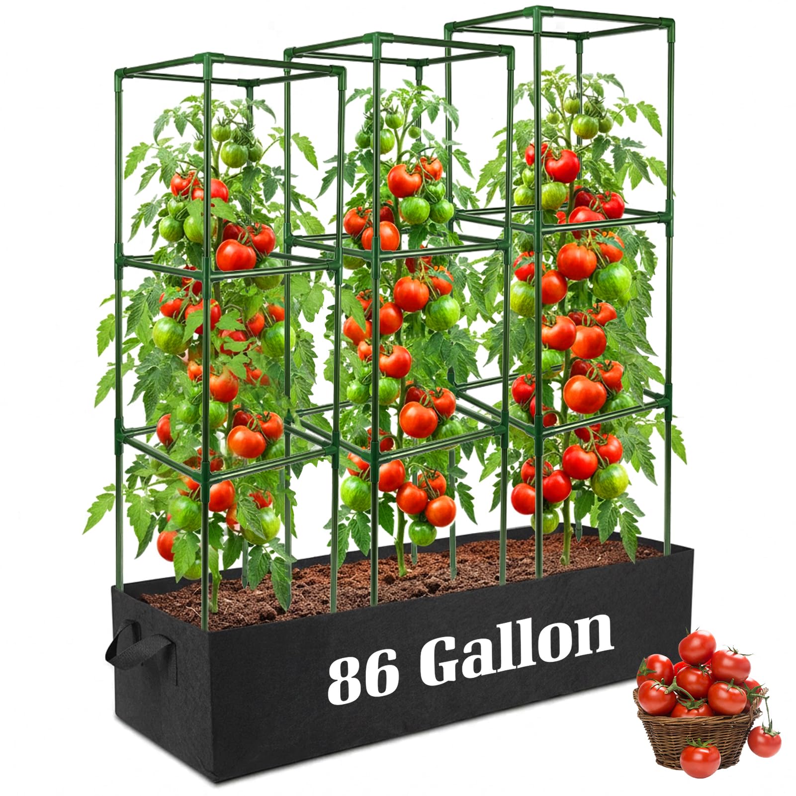 BobbleT 3 Pack Heavy Duty Tomato Cages with 86 Gallon Grow Bag, 41" Adjustable Tomato Trellis for Raised Garden Bed, Sturdy Square Plant Support for Climbing Vegetables, Cucumbers & Garden Plants