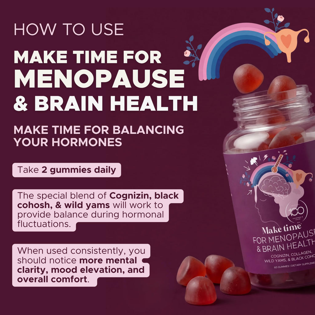 MAKE TIME | Menopause Support Gummies for Women – Cognizin Citicoline, Black Cohosh, Wild Yam, Collagen, B Vitamins – Brain Health, Hormonal Balance & Focus Support, Zero Sugar – 30 Day Supply