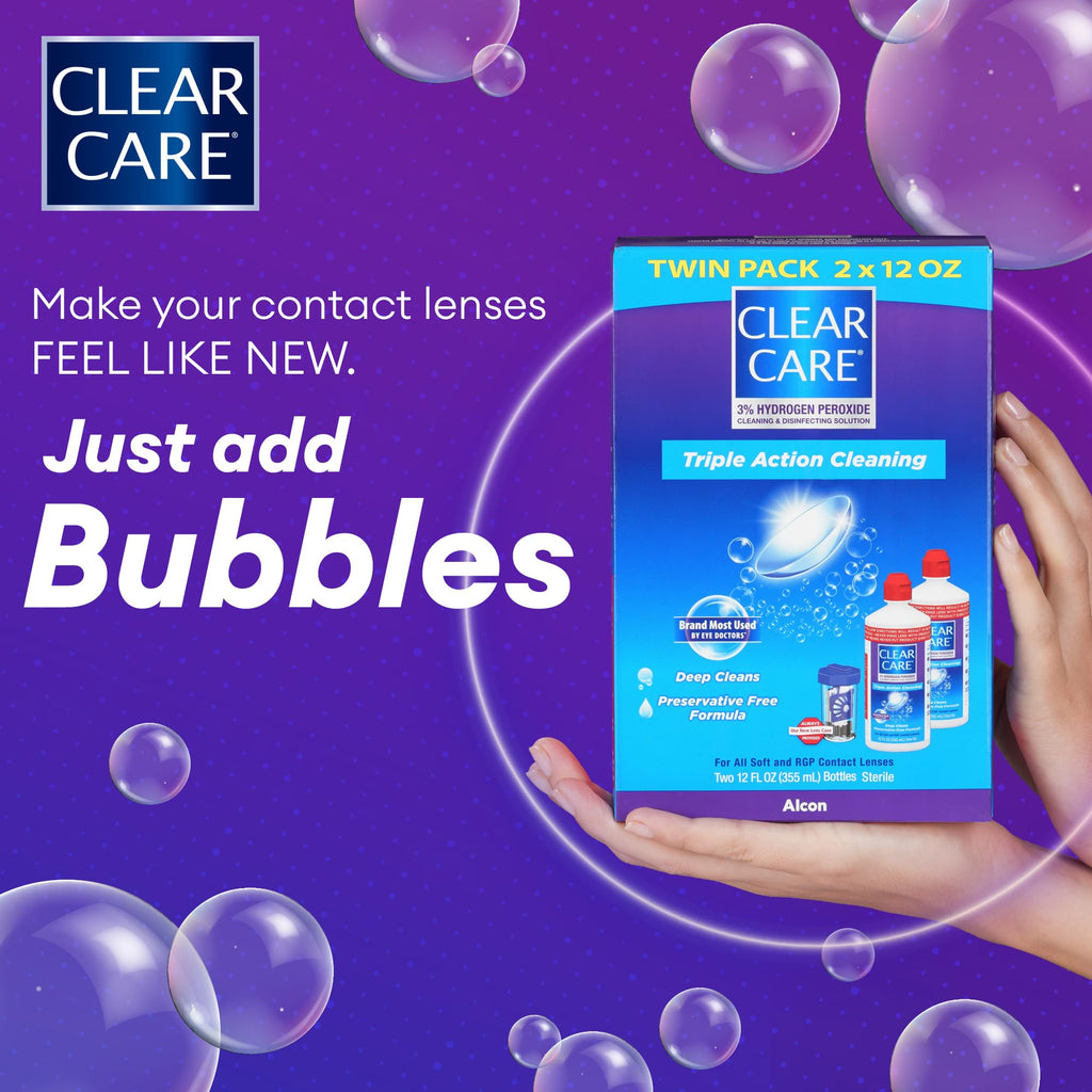 CLEAR CARE Cleaning & Disinfecting Contact Lens Solution, 12 fl oz, Twin Pack, For Soft & RGP Lenses, No Rubbing, Preservative-Free, Included Lens Case, Deep Cleans and Removes Deposits