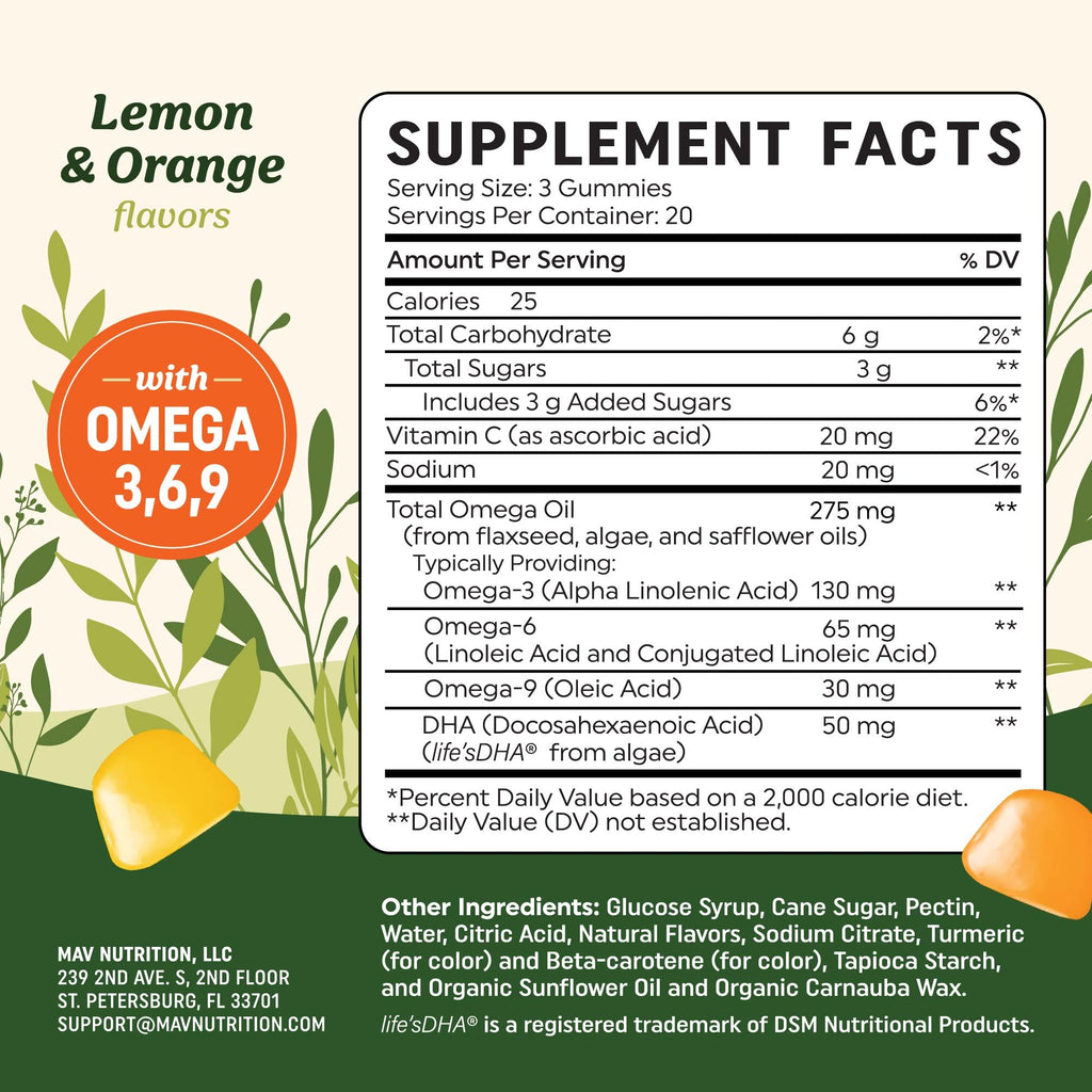 Omega 3 6 9 + DHA Gummies | Plant-Based Triple Omegas from Algae, Flaxseed & Safflower Oil | 50mg of DHA | Vegetarian, Non-GMO, Gluten-Free, Essential Fatty Acid Supplements for Adults | 60 Gummies