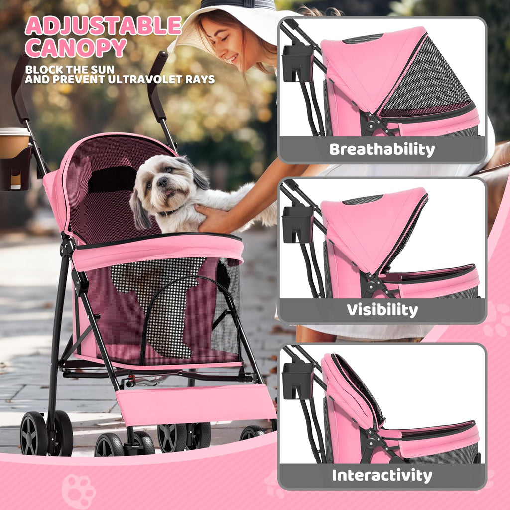 Magshion Compact Pet Stroller for Small-Medium Dogs/Cats up to 22lbs, 4-Wheel Lightweight Umbrella Shaped Portable Puppy Travel Jogger with Breathable Mesh, Cup Holder & Rear Storage, Pink