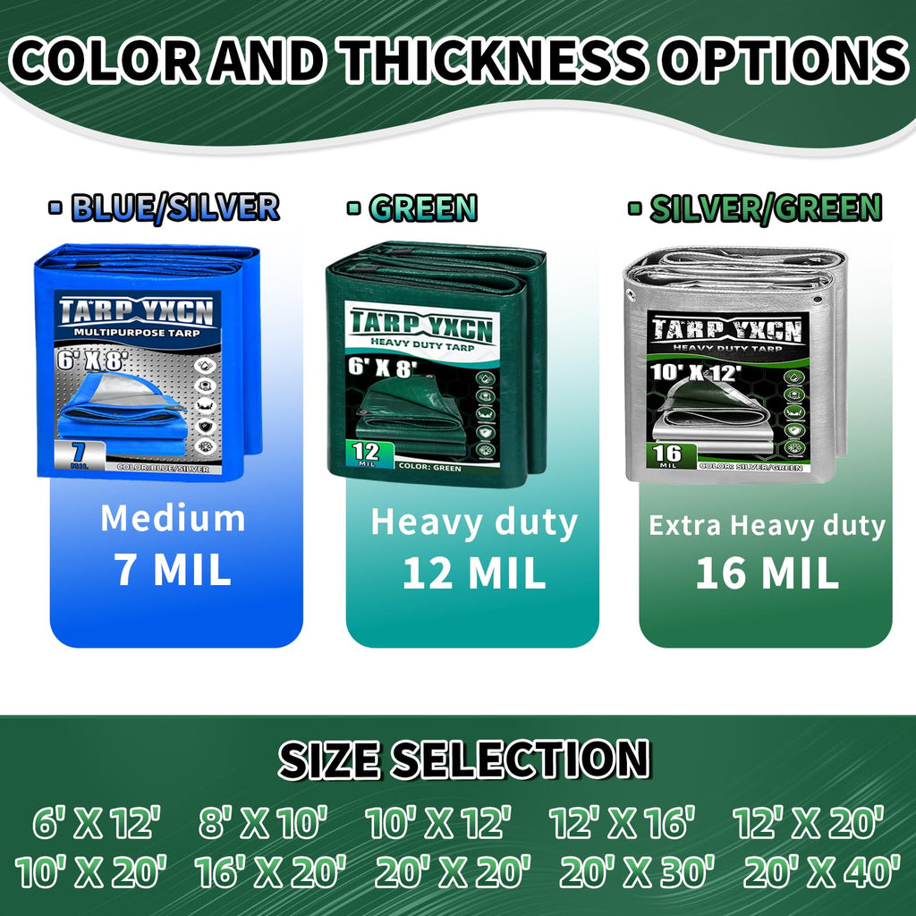 TA*RP YXCN Extra Heavy Duty Tarp 12x20 Ft, 16 Mil Thick Waterproof Poly Tarps Cover UV Resistant, Rip & Tear Proof with Metal Grommets Every 20 Inche (Silver/Green)