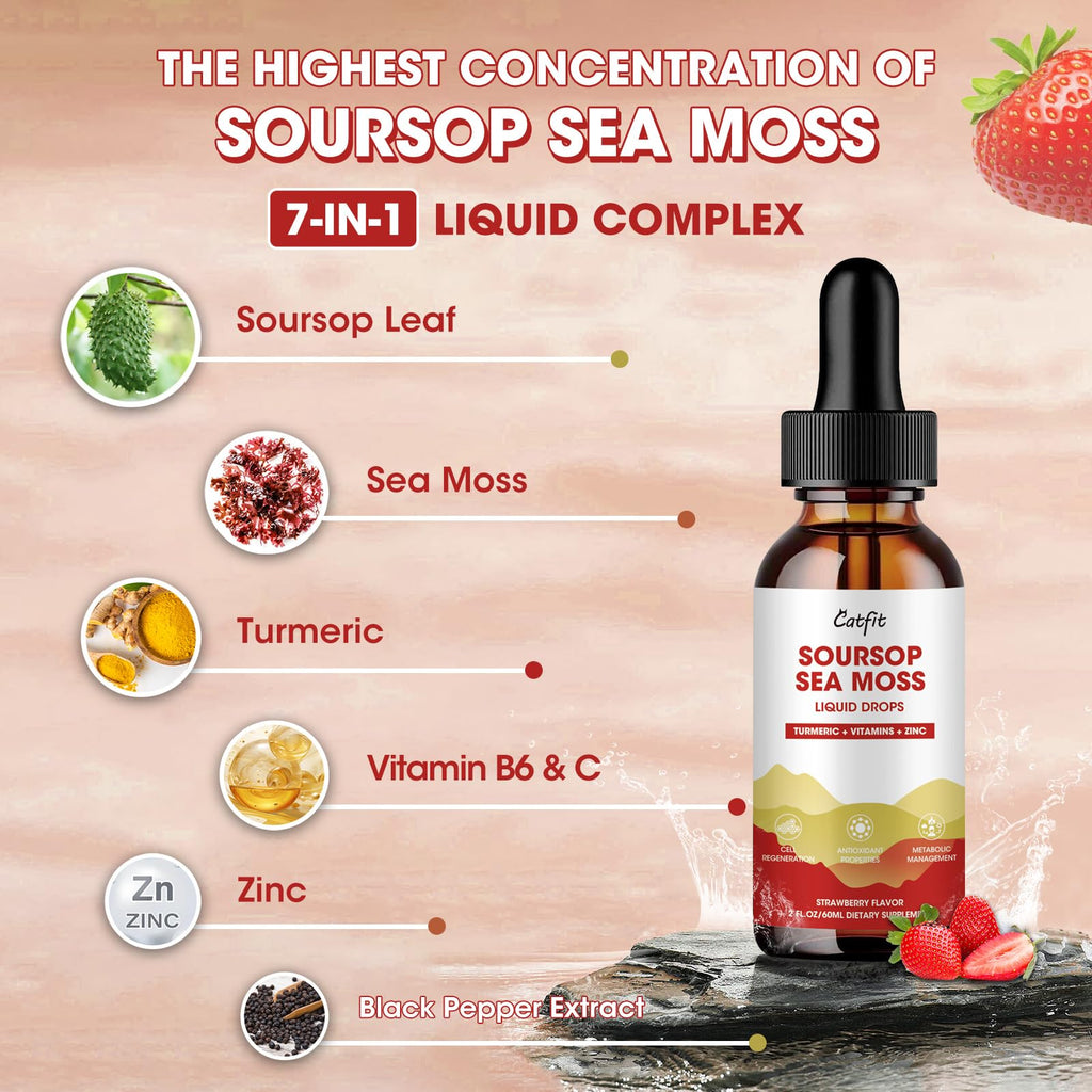 Catfit Soursop Graviola Liquid Drop – Soursop Bitters Liquid Drops with Sea Moss, Turmeric & Zinc, for Cell Support, Antioxidant, Relaxation & Immune Boost, Strawberry Flavor, 2 Fl Oz