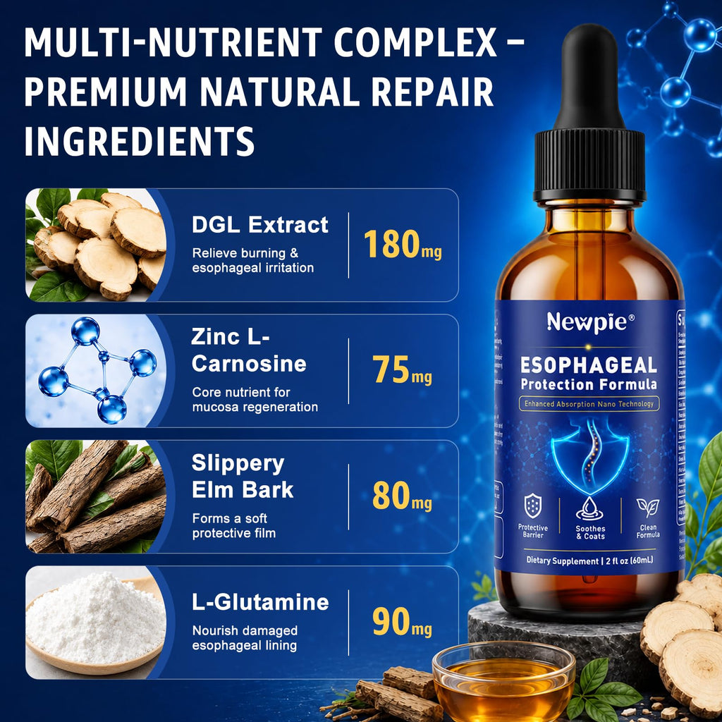 Newpie Esophageal Relief Drops with Slippery Elm Bark, Zinc L-Carnosine, L-Glutamine & Aloe Vera - Stomach Soothing, Supports Throat & Stomach Health - Non-GMO, Dairy-Free, 2 Fl Oz (60ml) 2