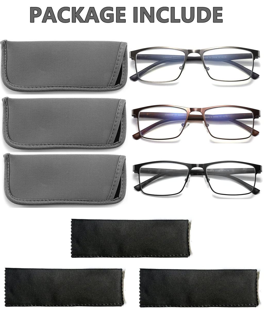 CRGATV 3-Pack Reading Glasses for Men Blue Light Filtering Full Frame Metal Readers Anti Uv/Eye Strain/Glare (+2.5 Magnification Strength)