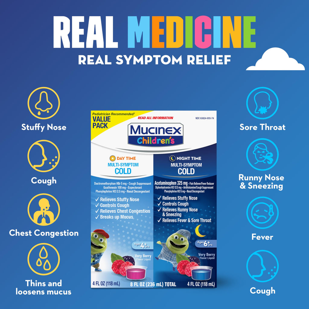 Mucinex Cold & Cough, Children's Multi-Symptom Day/Night Liquid, Very Berry, 8oz (2x4oz) Relieves Nasal & Chest Congestion, Thins & Loosens Mucus, Controls Cough, Reduces Fever, Soothes Sore Throat