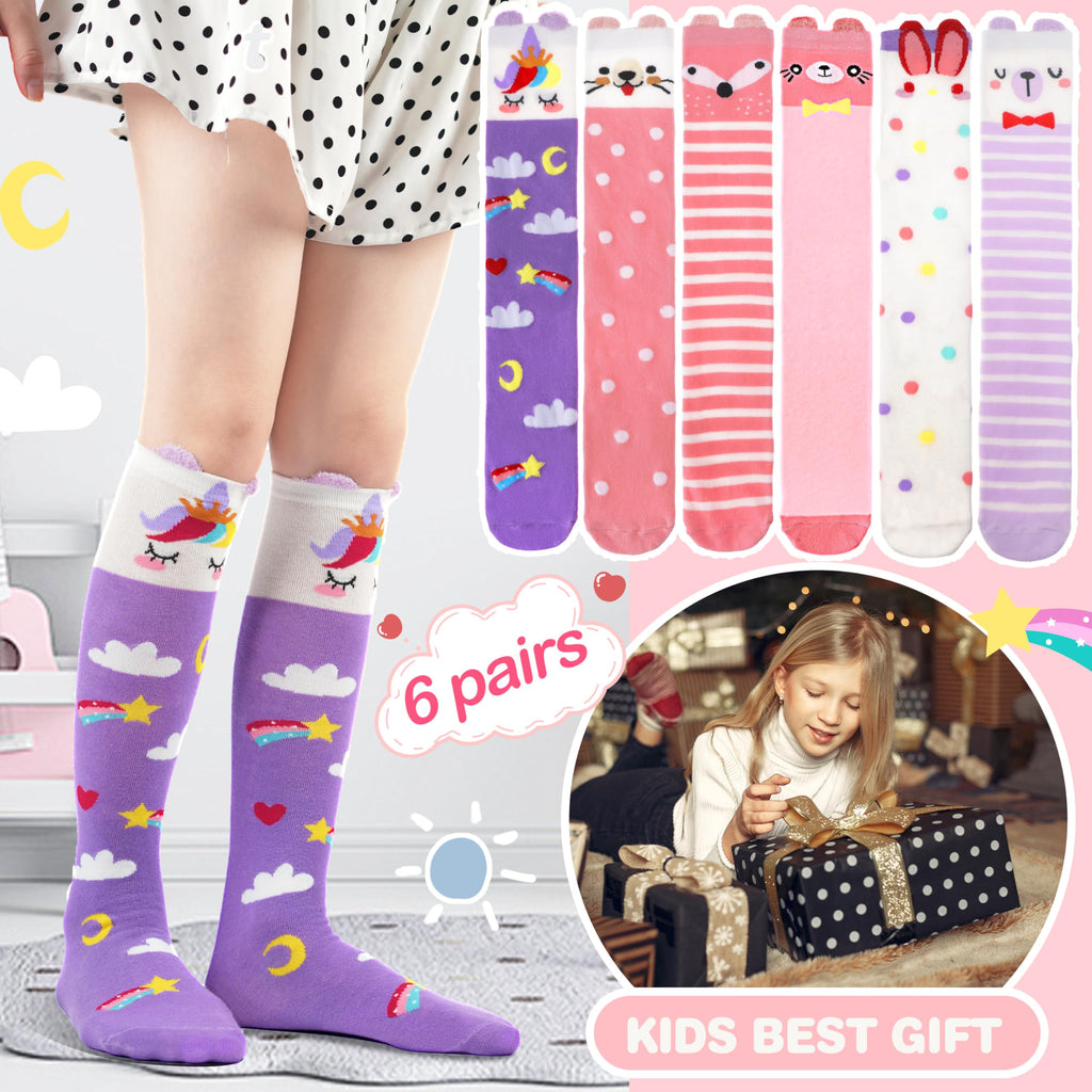 MOGGEI Kids Girls Knee High Socks Long Boot Crazy Silly Fun Gift Tall Funny Cute Animal Christmas Gift for 4 5 6 7 8 9 10 11 12 Year Old Girls Stocking Stuffers Socks 6 Pairs （Animal Pink Purple）
