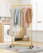 Sakugi Clothes Rack - Clothing Rack with Storage Mesh Shelf & Casters, Heavy-Duty Metal Clothing Rack for Hanging Clothes, Dresses, Coats, Large Load Capacity, Easy Assembly, Gold, 28.0"x16.9"x59.0"