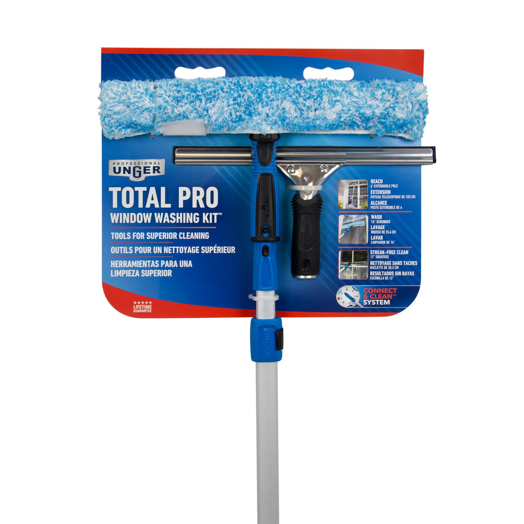Unger Professional Connect and Clean Total Pro Cleaning Kit, All-in-One Household Window Washing with Streak-Free Results, Includes 12” Squeegee, 14” Scrubber Washer, Telescopic Pole Extends Up to 6’