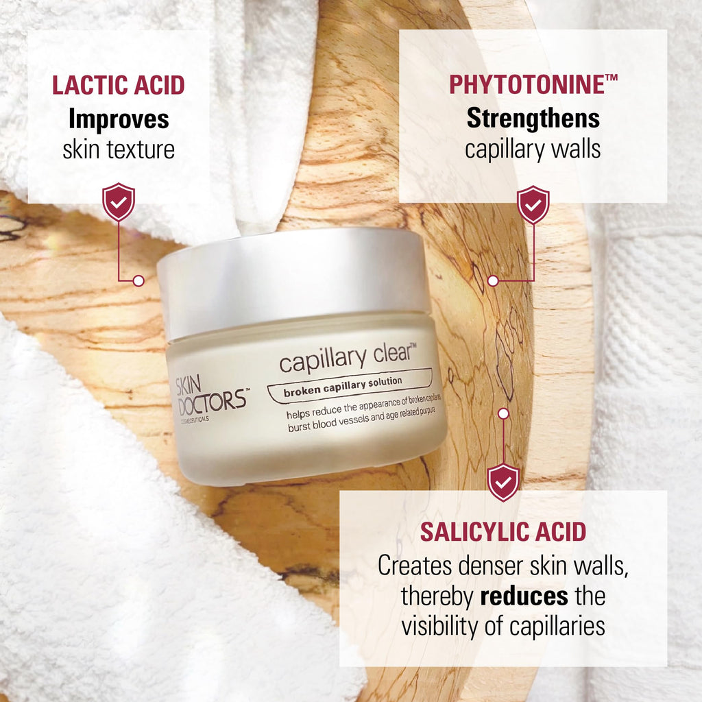Skin Doctors, Capillary Clear Helps improve the appearance of broken capillaries Reduces the appearance of burst blood vessels help to reduce facial redness and promote an even complexion 50ml