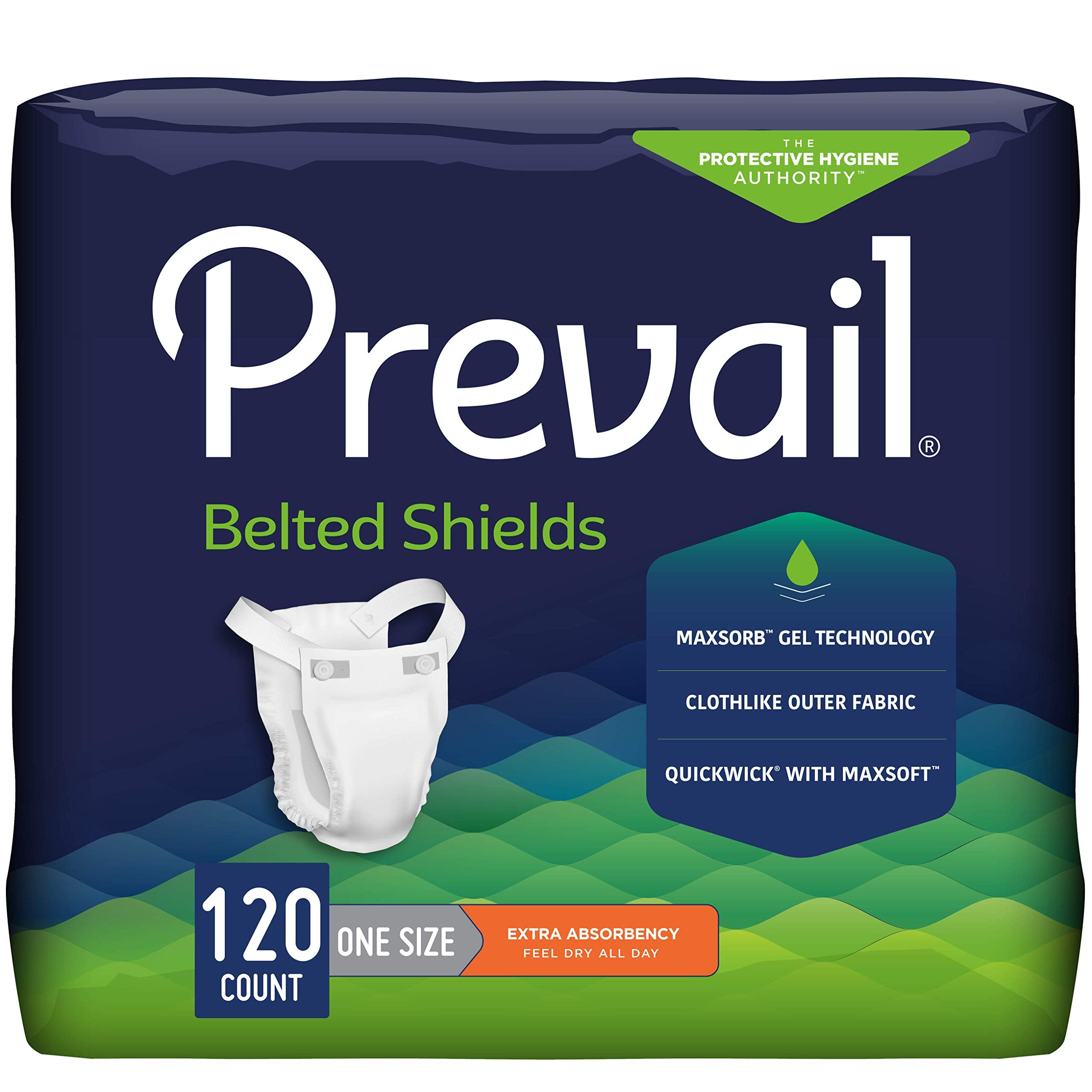 Prevail Incontinence Unisex Belted Shields, Disposable Adult Belted Shield for Men & Women - Extra Absorbency - 120 Count (4 Packs of 30)