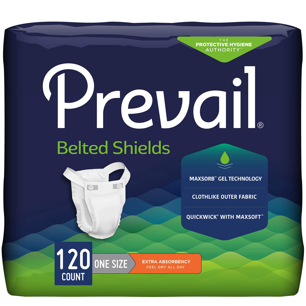 Prevail Incontinence Unisex Belted Shields, Disposable Adult Belted Shield for Men & Women - Extra Absorbency - 120 Count (4 Packs of 30)