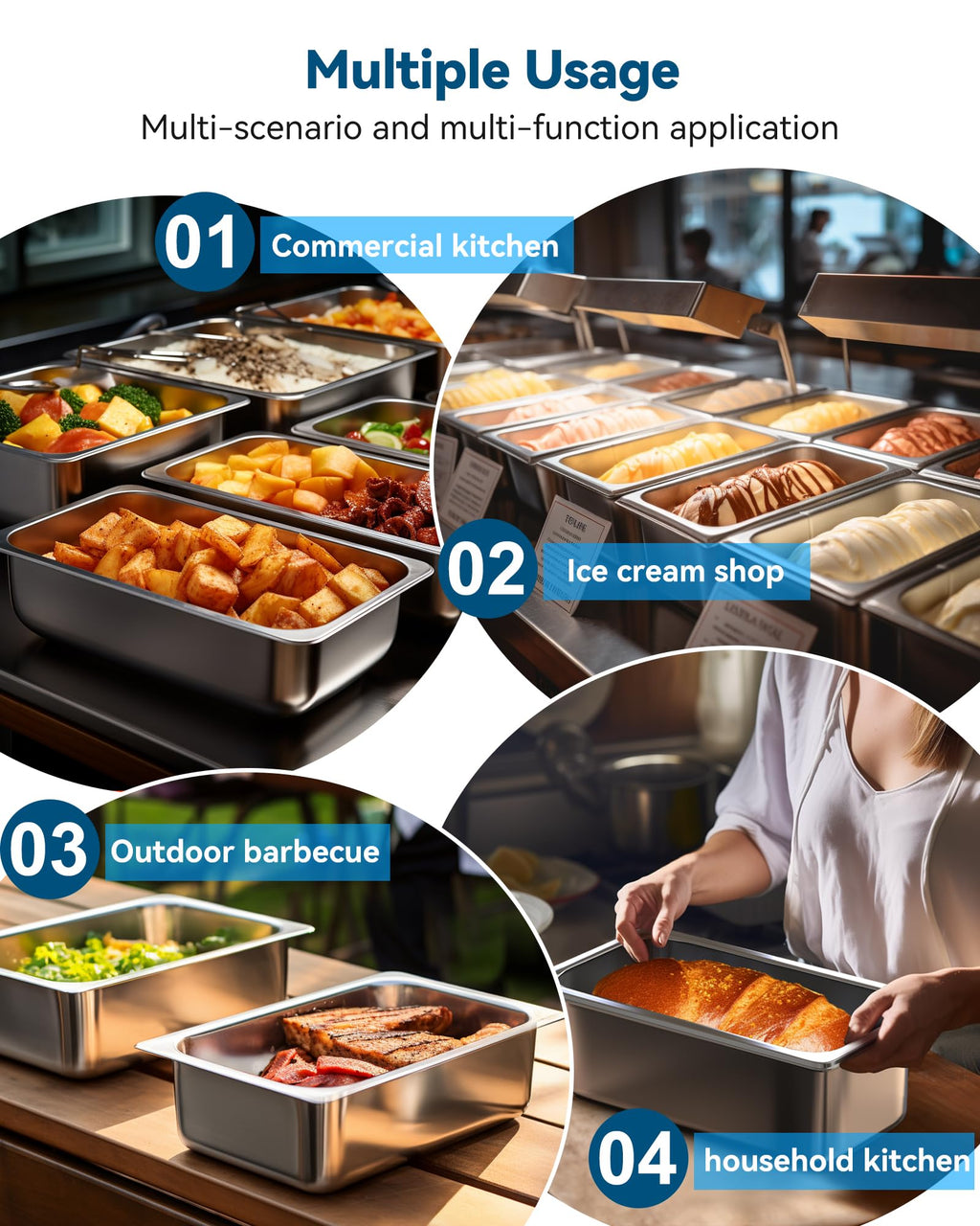 ZeroPone 6 Pack Hotel Pans, 1/3 Size 4" Deep Steam Table Pan, 22 Gauge Anti Jam Stainless Steel Steam Pan, Commercial Food Storage Containers for Catering Supplies