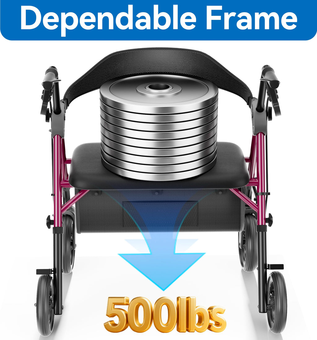 HOMLAND Bariatric Walkers for Seniors, 500lb Heavy Duty Rollator Walker with Extra Wide Padded Seat, 8” All Terrain Foldable Rolling Walker with Dual-Height Adjustable