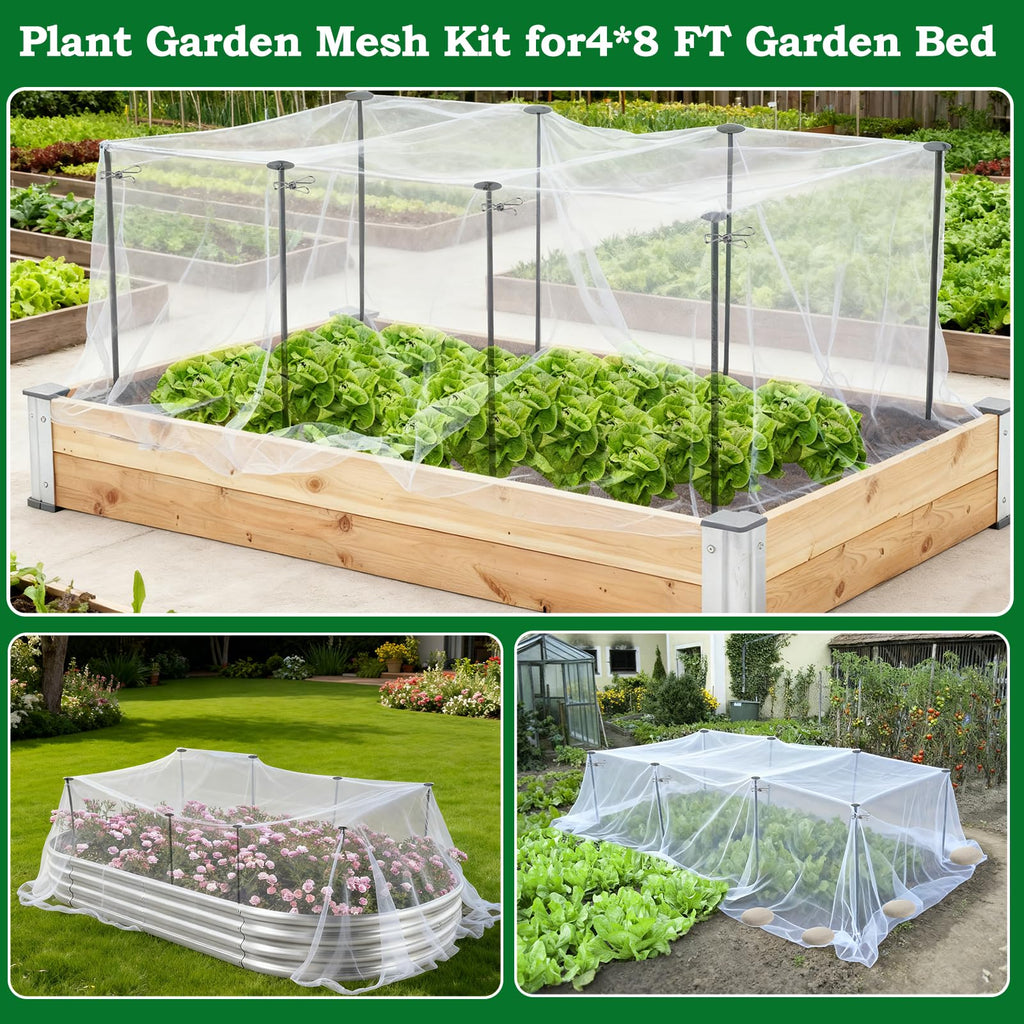 Metal Garden Netting Kit, 8 Pack 2.6ft Raised Garden Bed Net Support Stakes with 13×10ft Fine Mesh Insect Netting 16pcs Clips Bird Barrier Screen Cover for Protect Plant Vegetable Row from Animals Bug